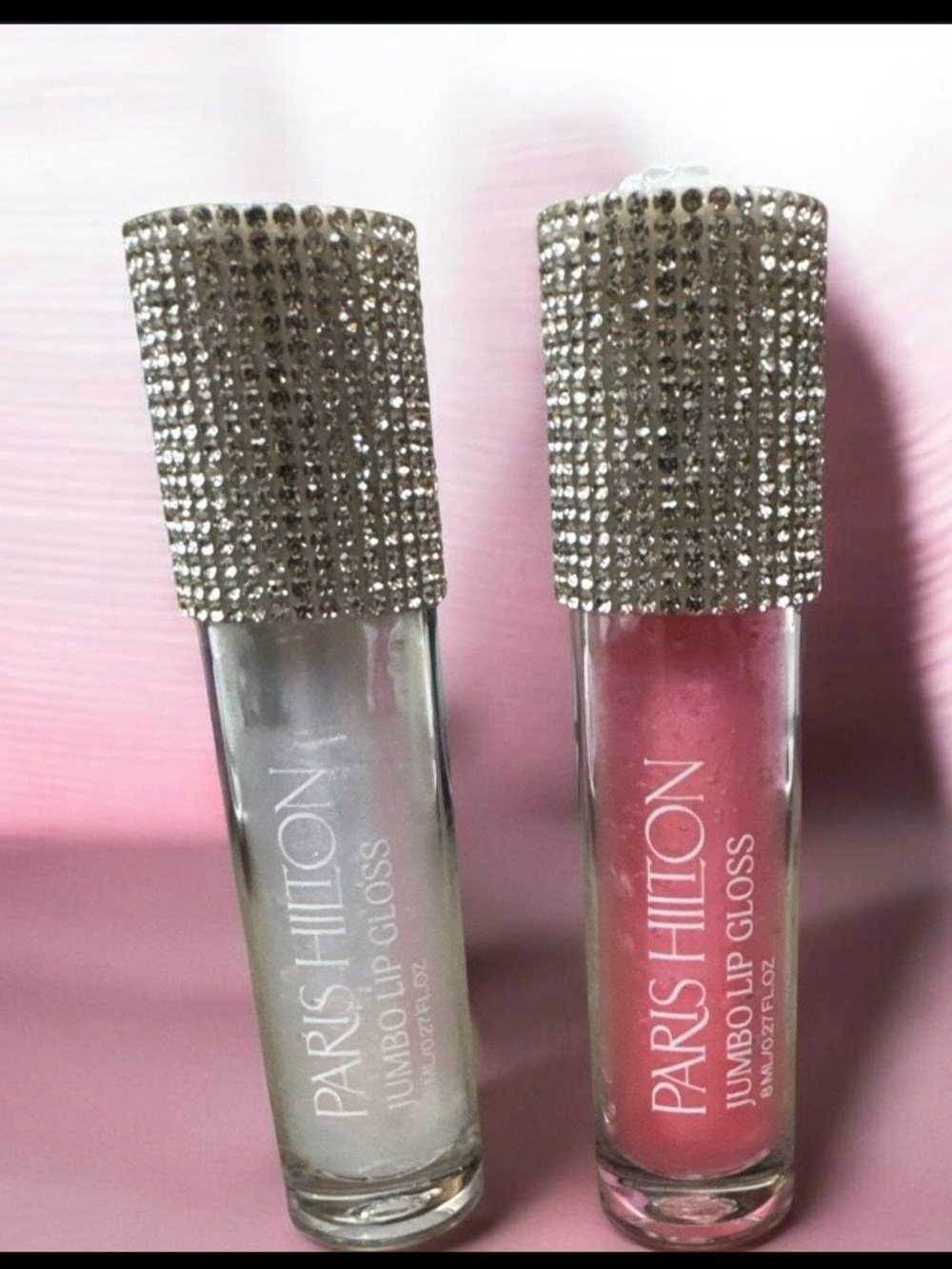 Paris Hilton Jumbo Lip Gloss Duo — Silver and Pink Sparkle Caps.
